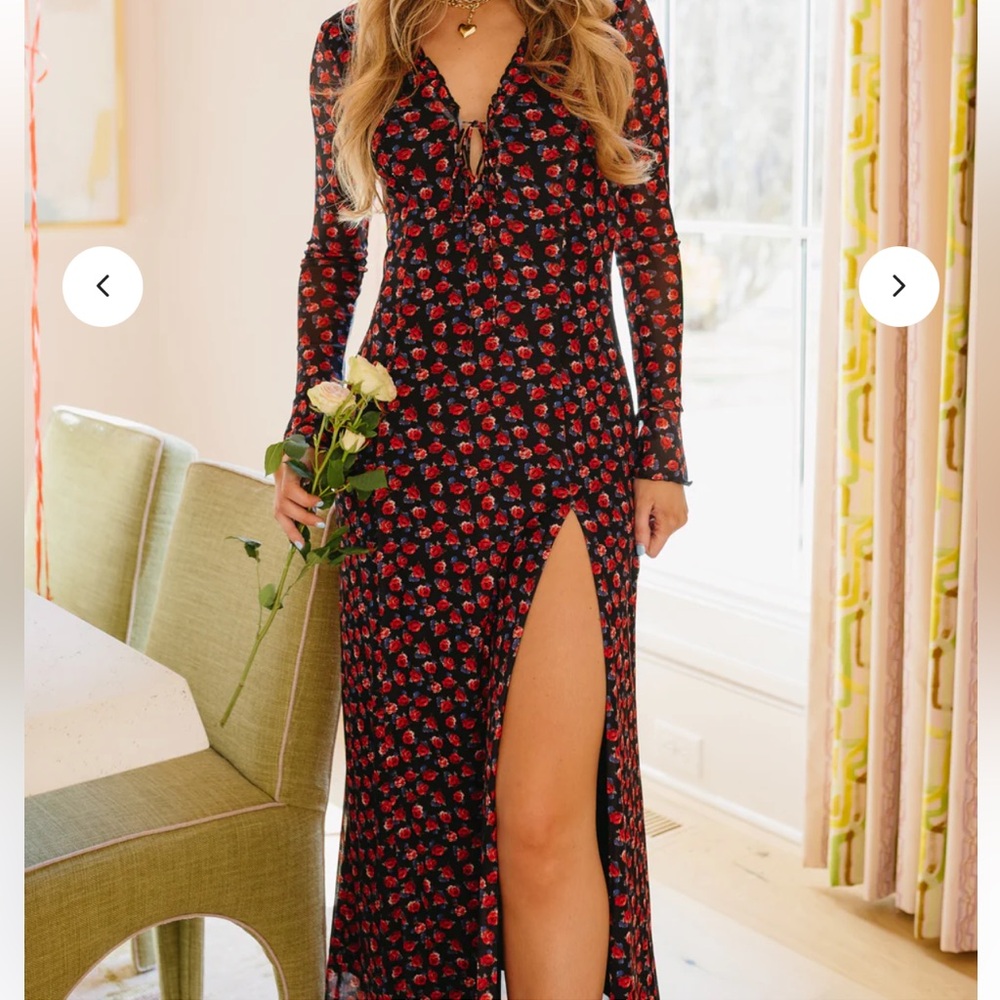 vestique Black Maxi Dress with Red Floral Print and High Slit